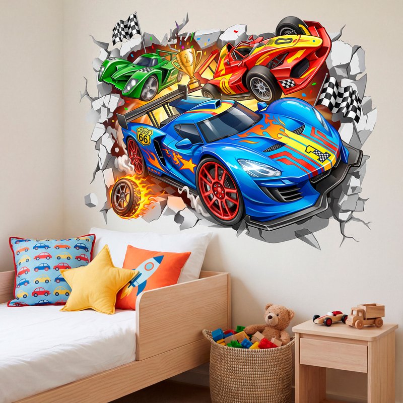 Vinilos Infantiles: Agujero de Muro Coches de Carreras con Trofeo de C