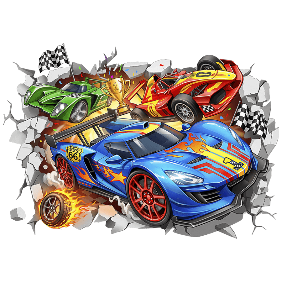 Vinilos Infantiles: Agujero de Muro Coches de Carreras con Trofeo de C