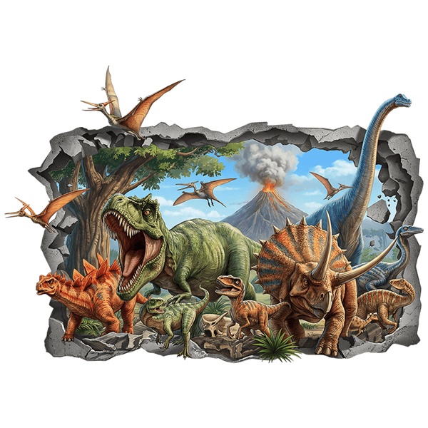 Vinilos Infantiles: Agujero de Muro T-Rex y Manada de Dinosaurios con