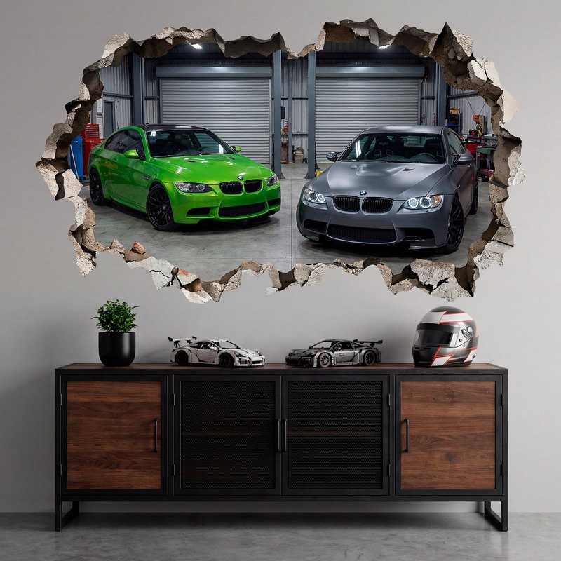 Vinilos Decorativos: Agujero de Muro Dos BMW Deportivos en el Taller