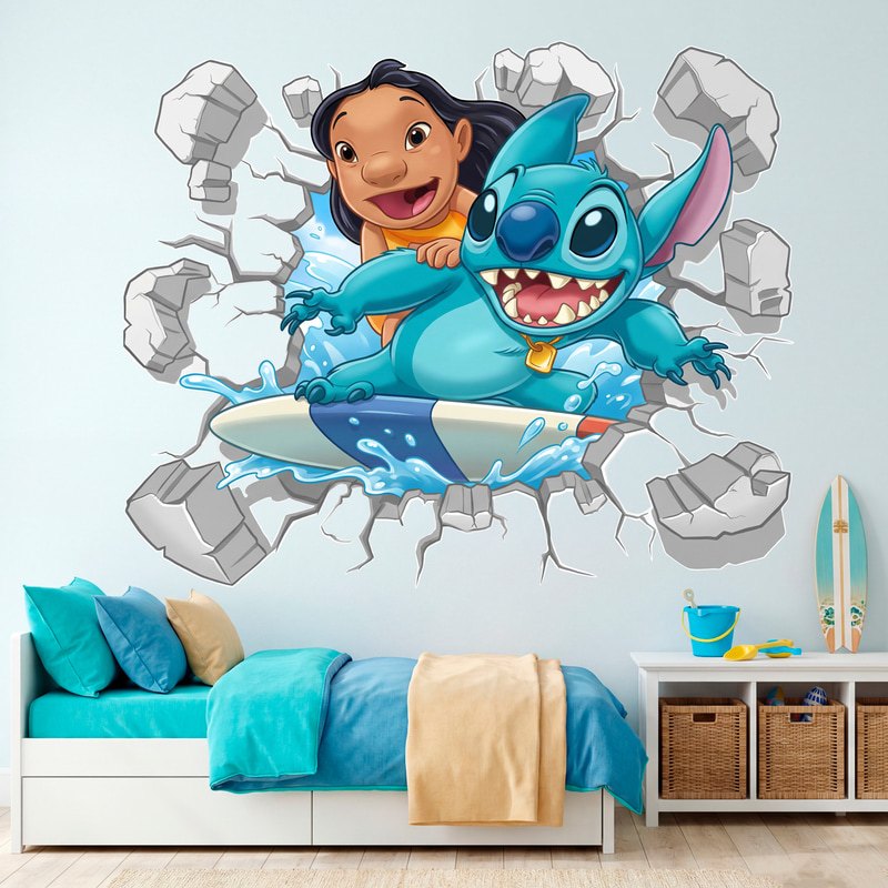 Vinilos Infantiles: Agujero de Muro Lilo & Stitch Surf en la Ola