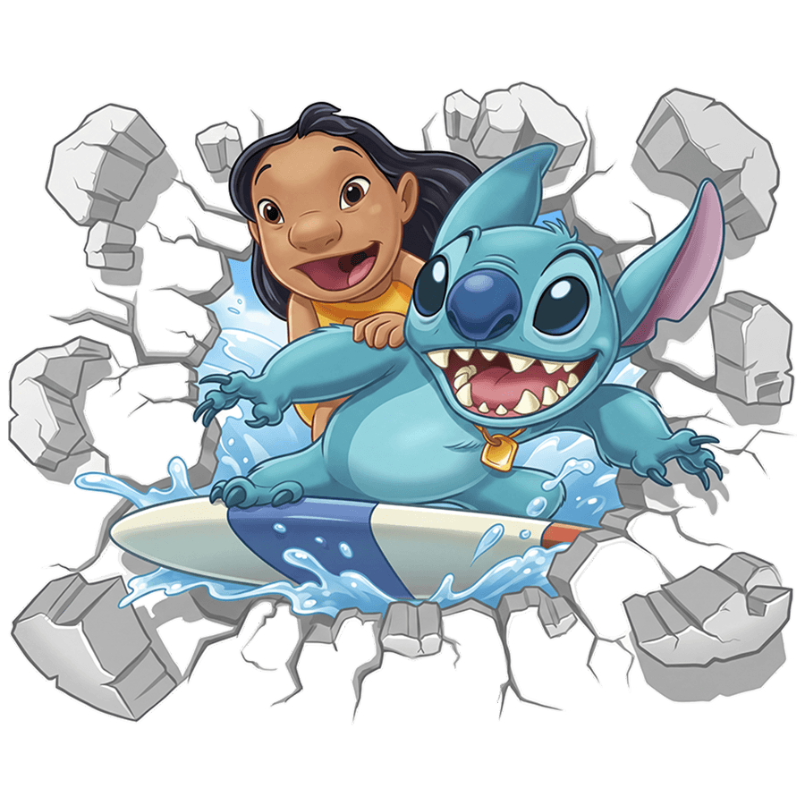 Vinilos Infantiles: Agujero de Muro Lilo & Stitch Surf en la Ola