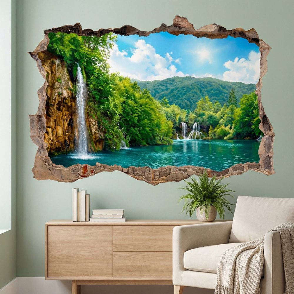 Vinilos Decorativos: Agujero de Muro Lago con Cascadas Naturales