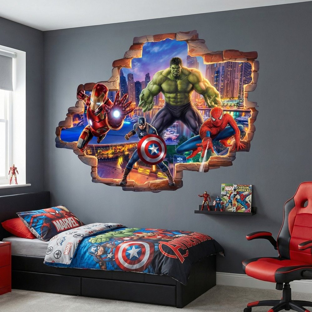 Vinilos Infantiles: Agujero de Muro Héroes Marvel en Acción