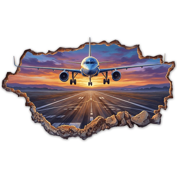 Vinilos Decorativos: Agujero de Muro Avi&oacute;n Despegando al Atardecer