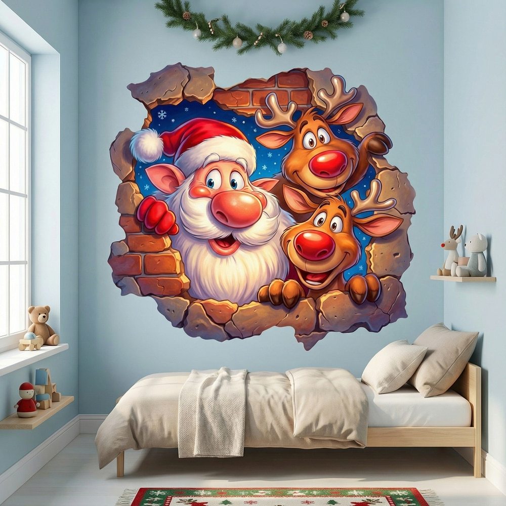Vinilos Decorativos: Agujero de Muro Santa Claus y Renos