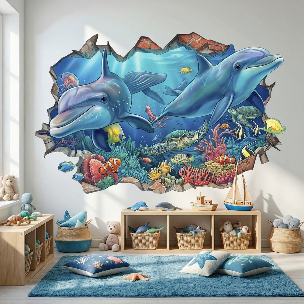 Vinilos Decorativos: Agujero de Muro Delfines y Tortugas Marinas