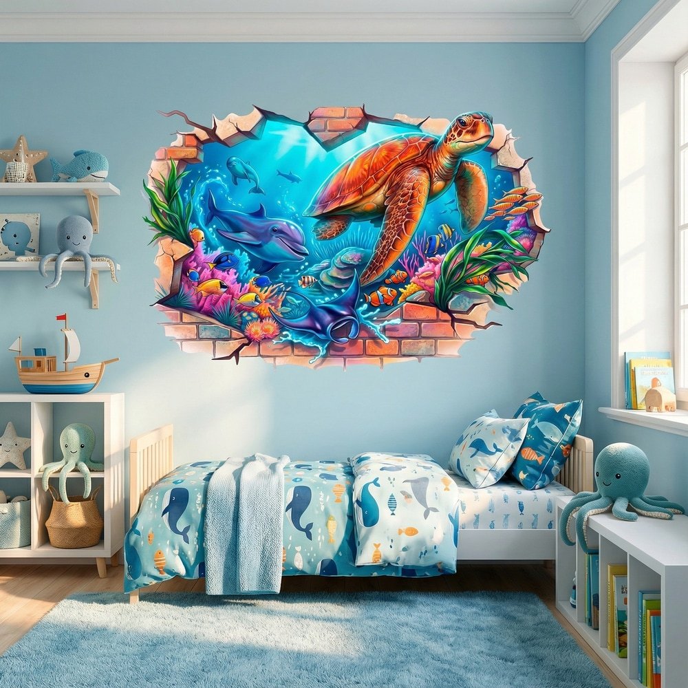 Vinilos Decorativos: Agujero de Muro Mundo Marino con Delfines y Tortug