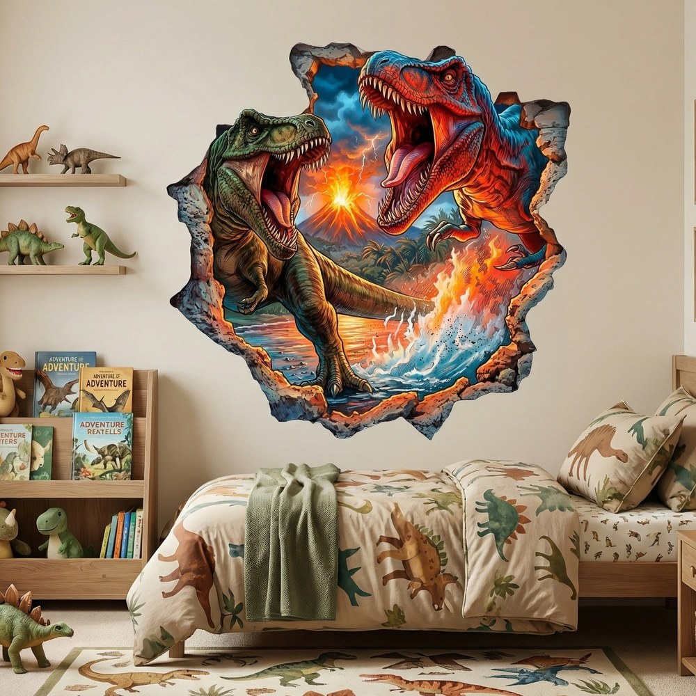 Vinilos Infantiles: Agujero de Muro Dinosaurios T-Rex Volcán en Erupci