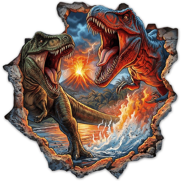 Vinilos Infantiles: Agujero de Muro Dinosaurios T-Rex Volcán en Erupci
