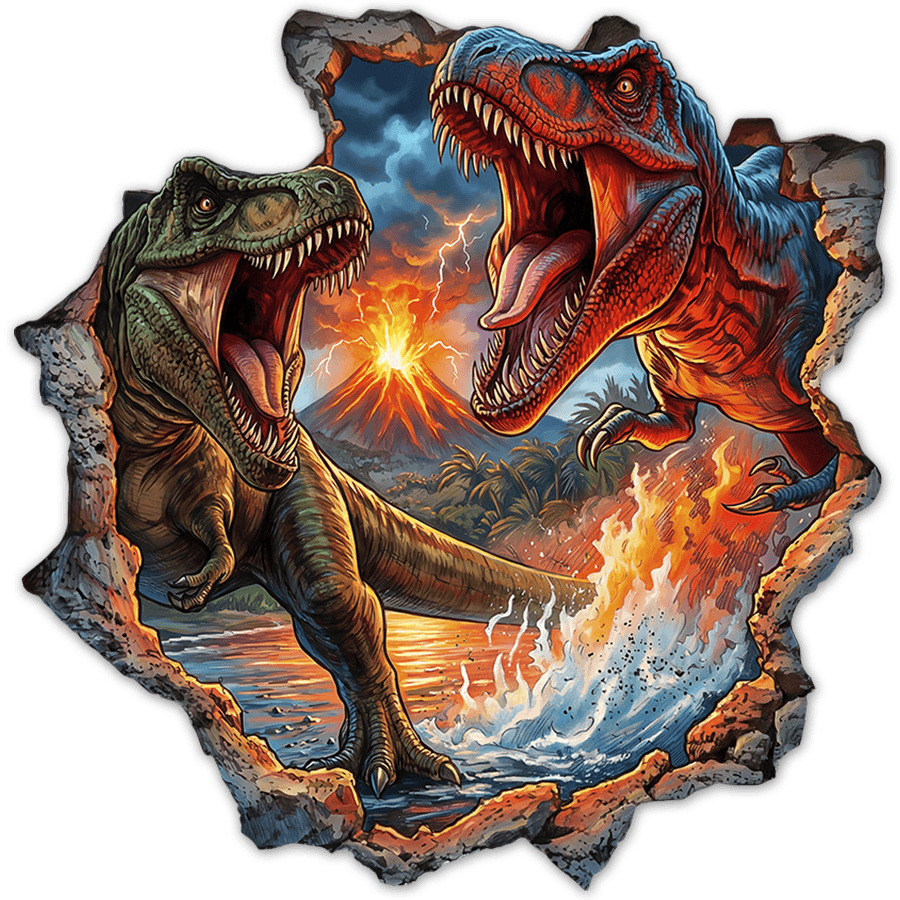 Vinilos Infantiles: Agujero de Muro Dinosaurios T-Rex Volcán en Erupci