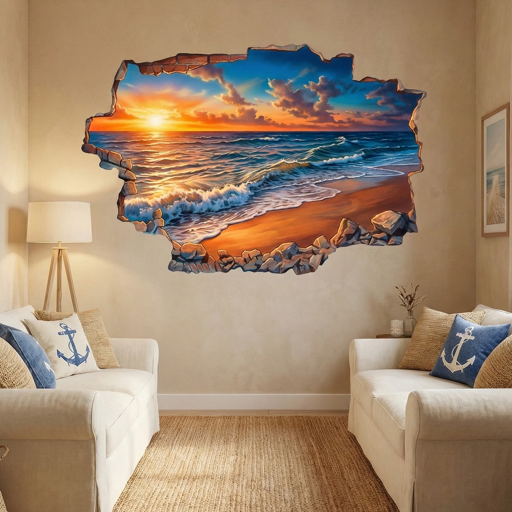 Vinilos Decorativos: Agujero de Muro Horizonte Marino al Atardecer