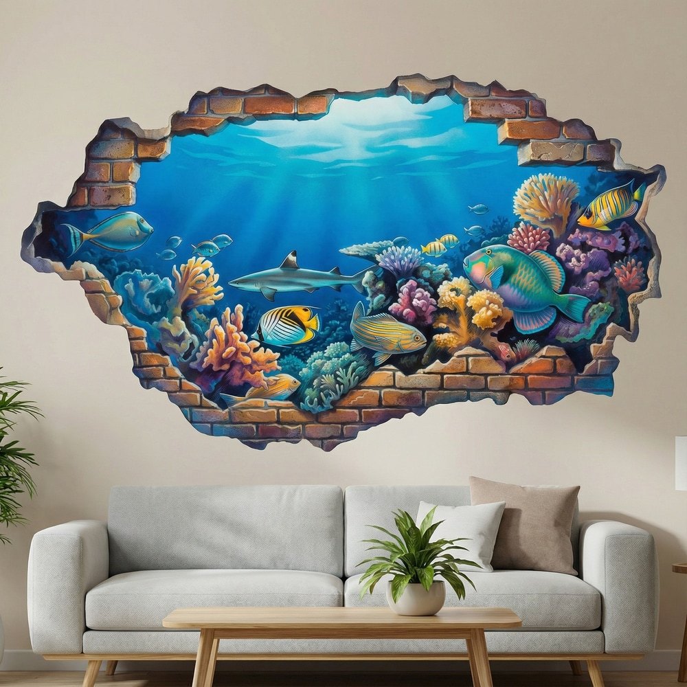 Vinilos Decorativos: Agujero de Muro Arrecife Marino con Peces Tropical