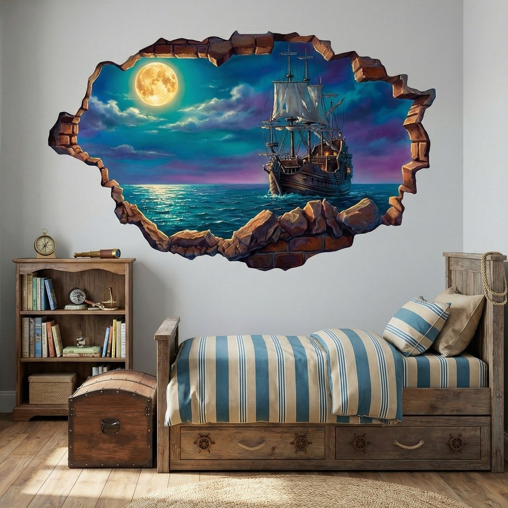 Vinilos Decorativos: Agujero de Muro Galeón bajo la Luna Llena