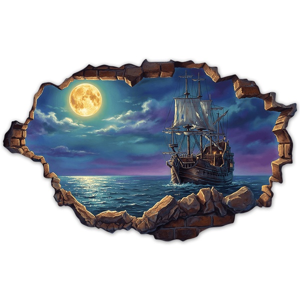 Vinilos Decorativos: Agujero de Muro Galeón bajo la Luna Llena