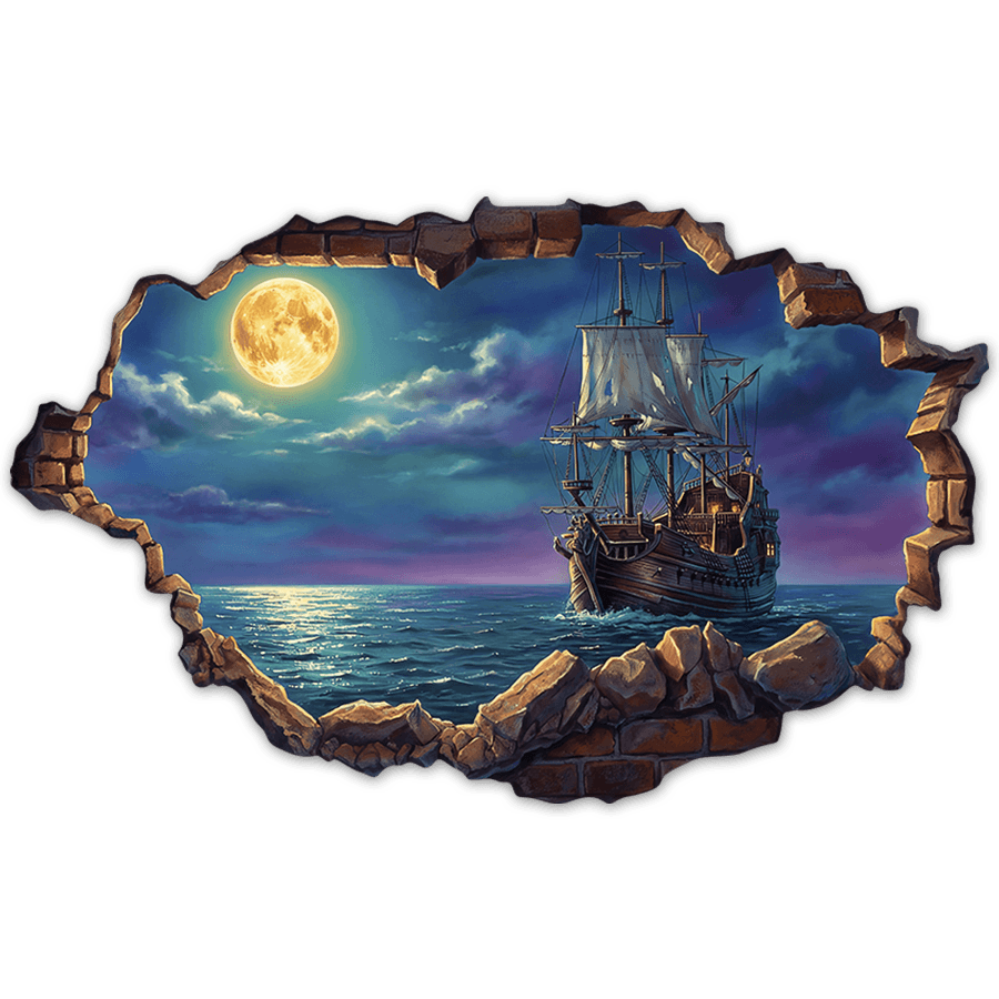 Vinilos Decorativos: Agujero de Muro Galeón bajo la Luna Llena