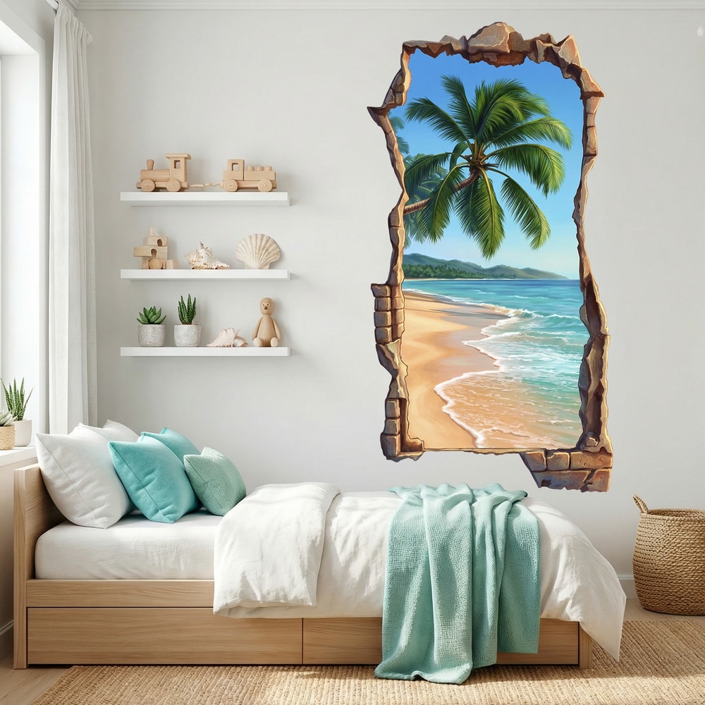 Vinilos Decorativos: Agujero de Muro Playa Tropical con Palmeras