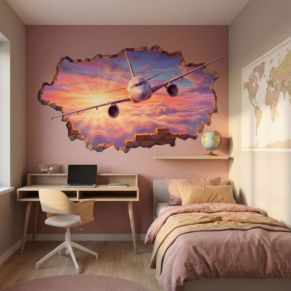 Vinilos Decorativos: Agujero de Muro Avión entre Nubes al Atardecer
