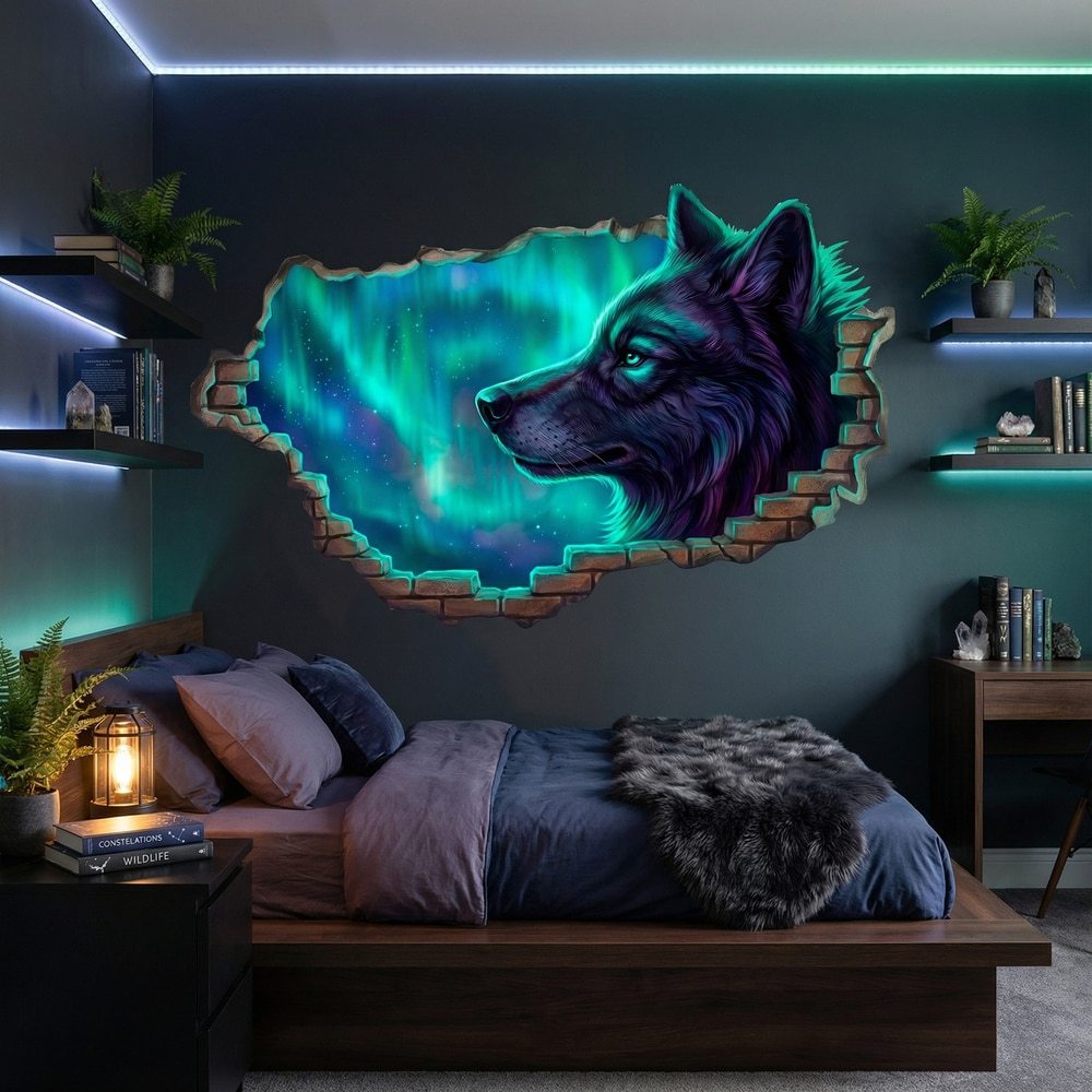 Vinilos Decorativos: Lobo y Aurora Boreal a Través del Muro