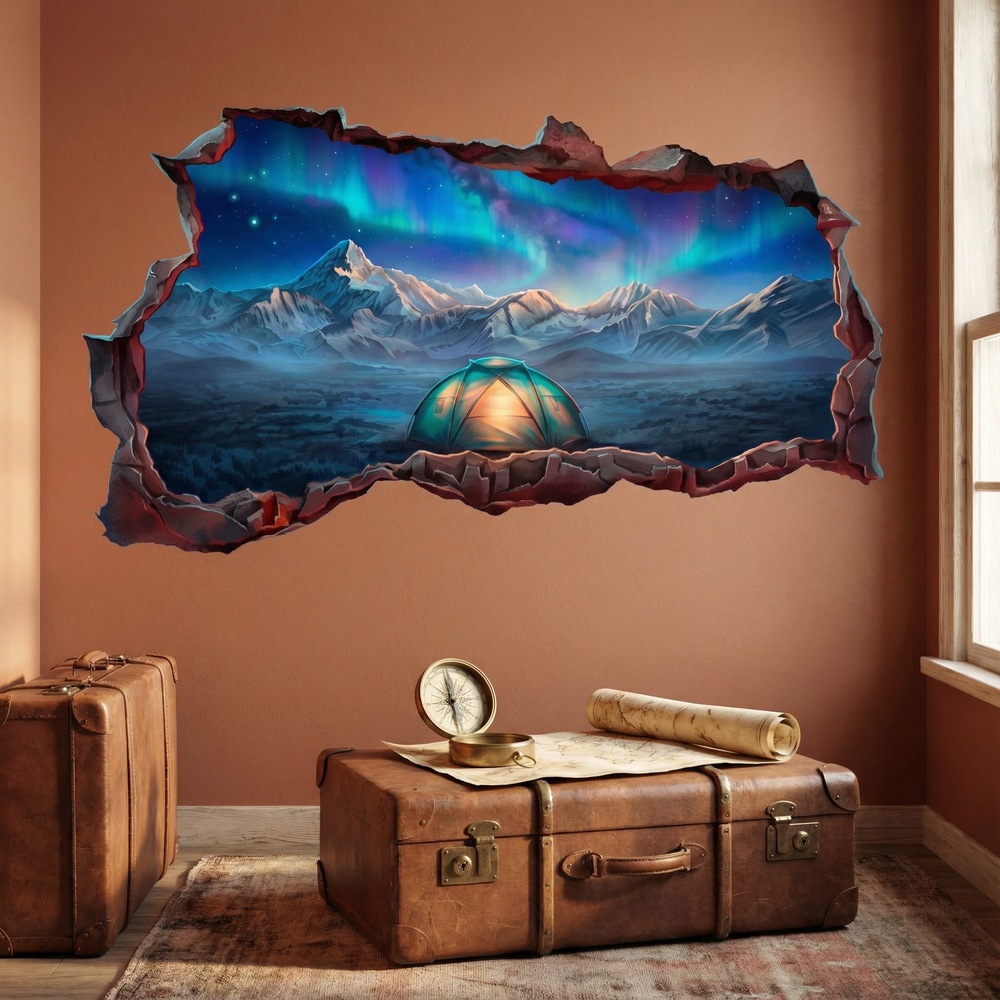Vinilos Decorativos: Agujero de Muro Acampada Bajo la Aurora Boreal