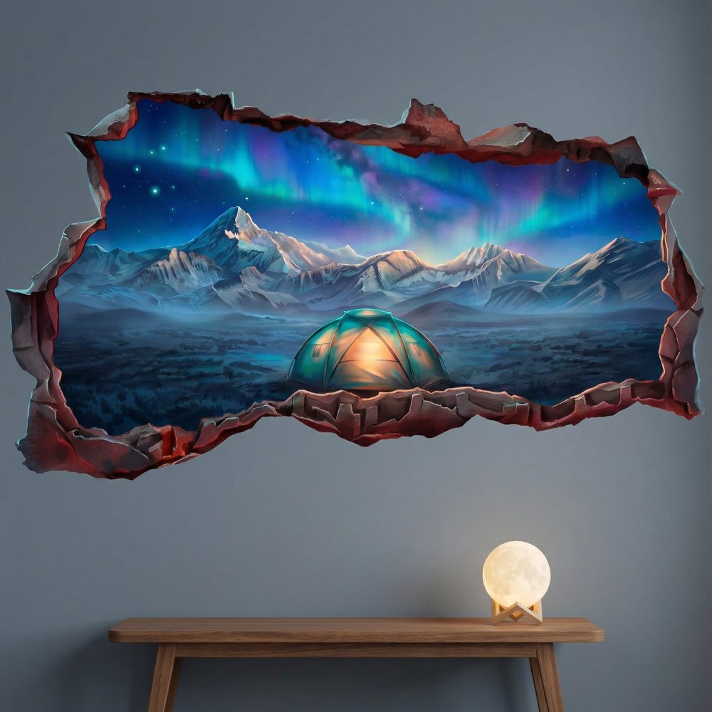 Vinilos Decorativos: Agujero de Muro Acampada Bajo la Aurora Boreal