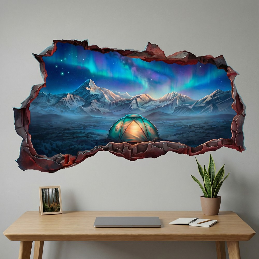 Vinilos Decorativos: Agujero de Muro Acampada Bajo la Aurora Boreal