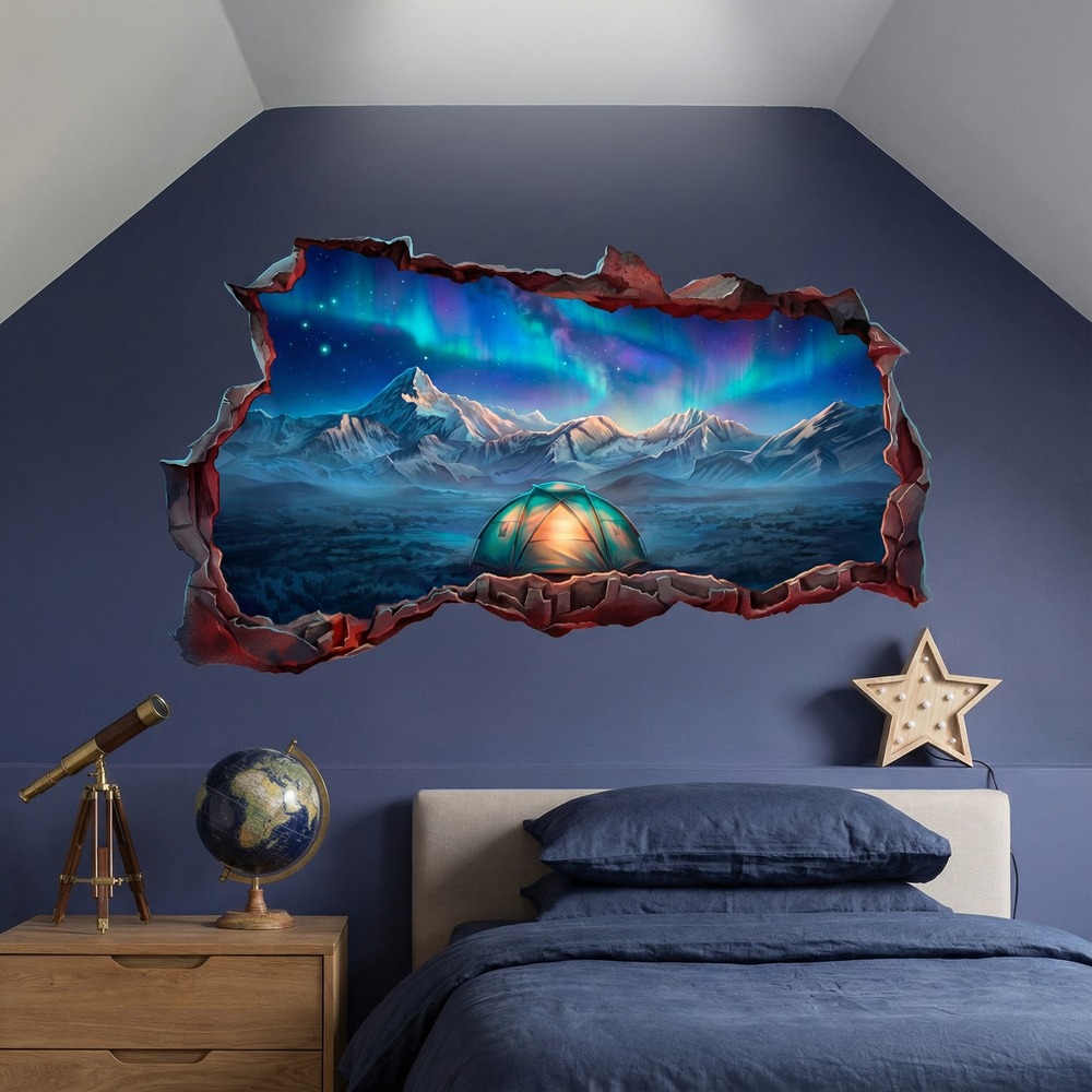 Vinilos Decorativos: Agujero de Muro Acampada Bajo la Aurora Boreal