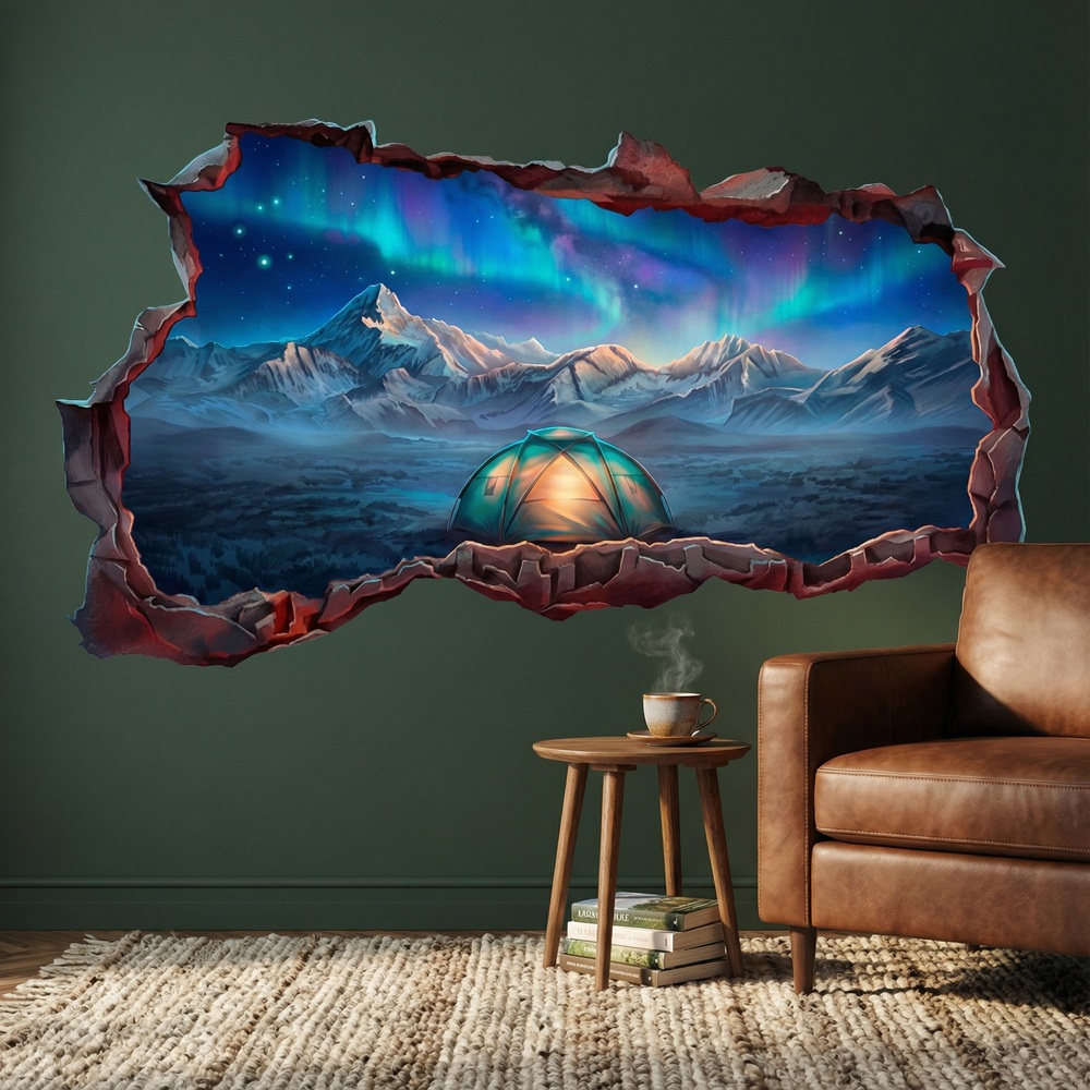 Vinilos Decorativos: Vinilo 3D Agujero Pared Acampada Aurora Boreal
