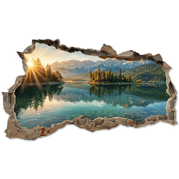 Vinilos Decorativos: Vinilo 3D Agujero Pared Lago Alpino al Amanecer