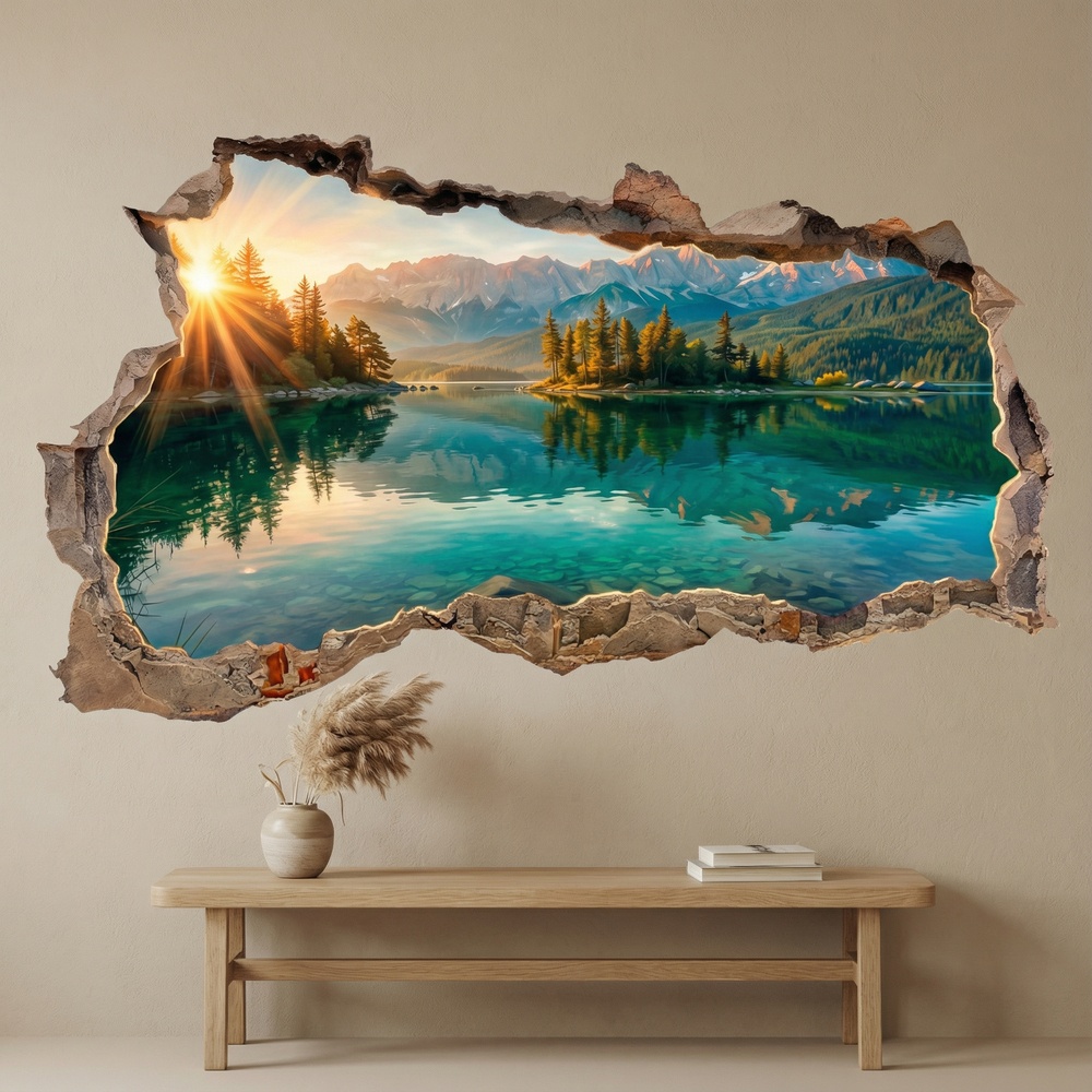 Vinilos Decorativos: Agujero de Muro Lago Alpino al Amanecer