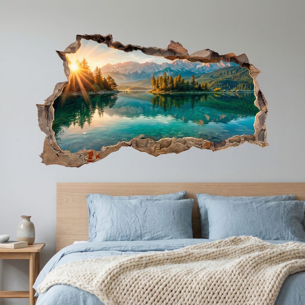 Vinilos Decorativos: Vinilo 3D Agujero Pared Lago Alpino al Amanecer