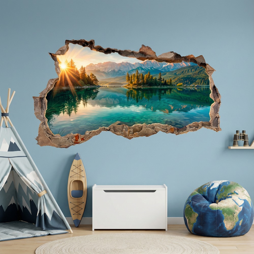 Vinilos Decorativos: Vinilo 3D Agujero Pared Lago Alpino al Amanecer