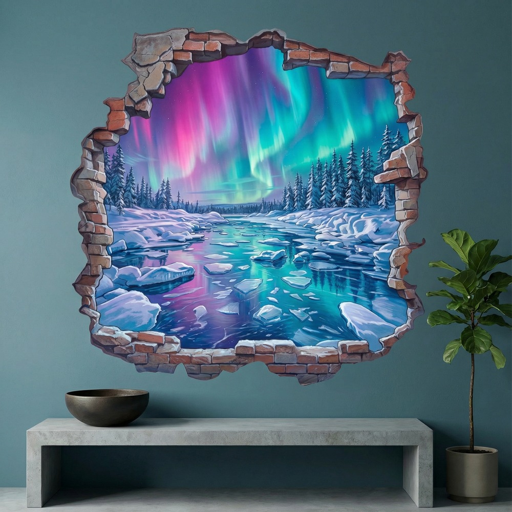 Vinilos Decorativos: Agujero de Muro Aurora Boreal en el R&iacute;o Helado