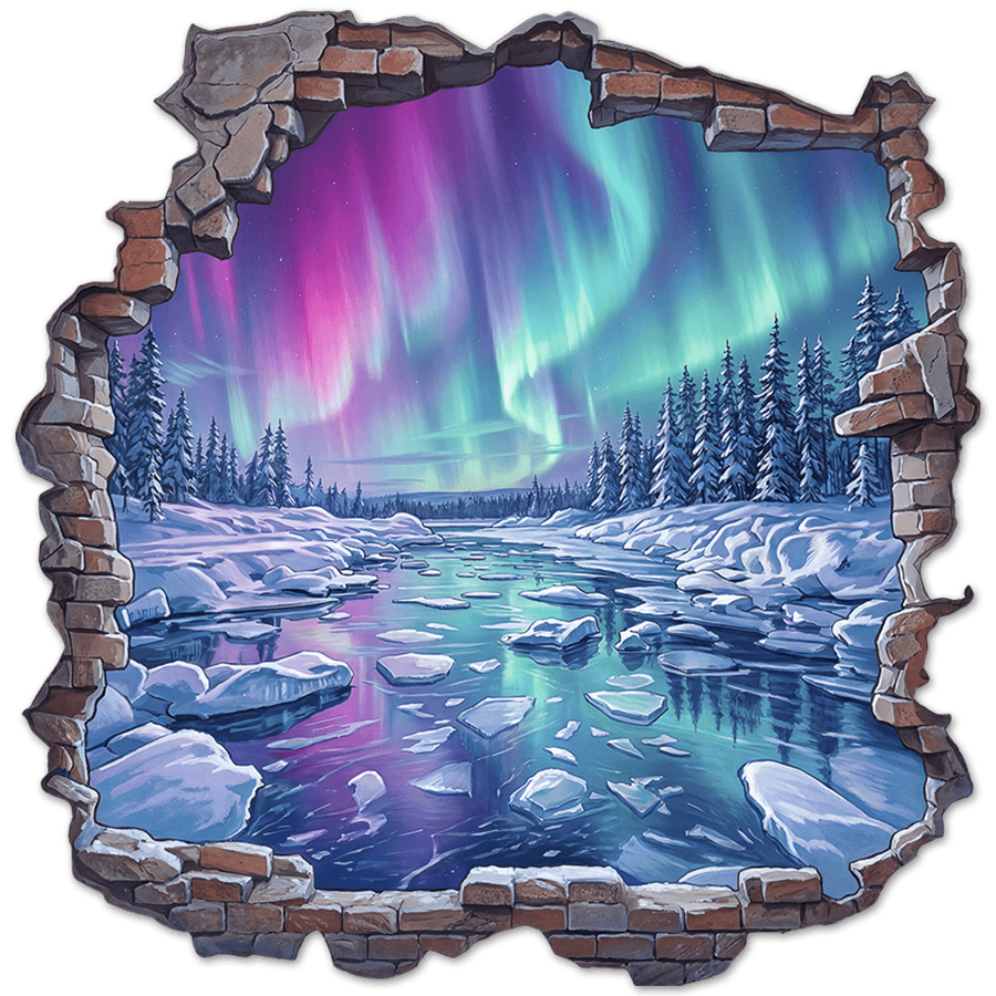 Vinilos Decorativos: Agujero de Muro Aurora Boreal en el R&iacute;o Helado
