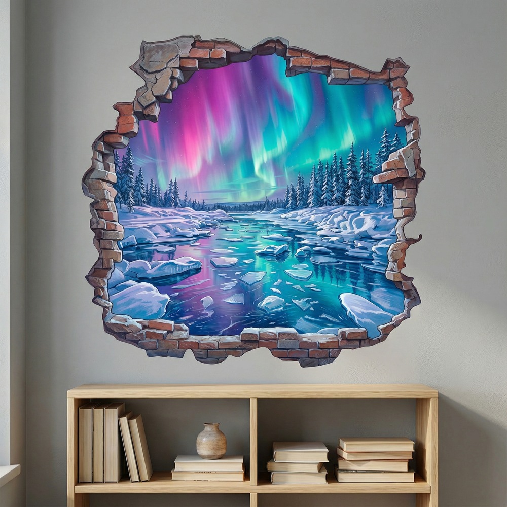Vinilos Decorativos: Agujero de Muro Aurora Boreal en el R&iacute;o Helado