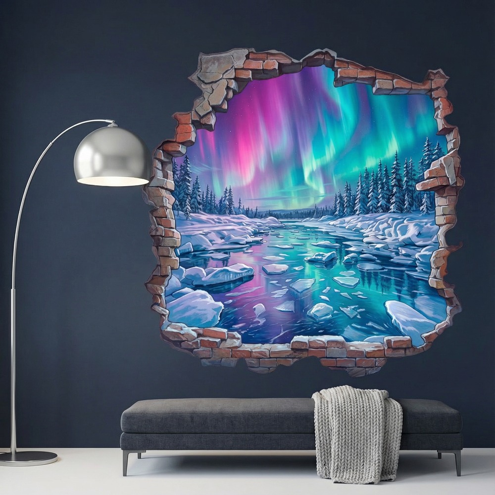 Vinilos Decorativos: Agujero de Muro Aurora Boreal en el R&iacute;o Helado