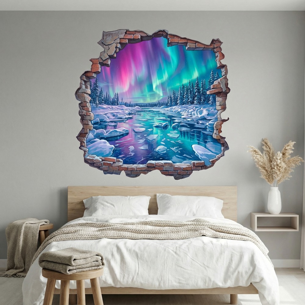 Vinilos Decorativos: Agujero de Muro Aurora Boreal en el R&iacute;o Helado