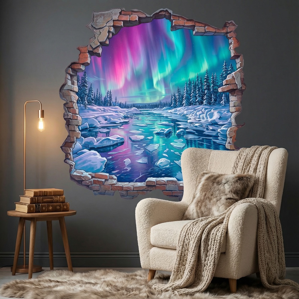 Vinilos Decorativos: Agujero de Muro Aurora Boreal en el R&iacute;o Helado