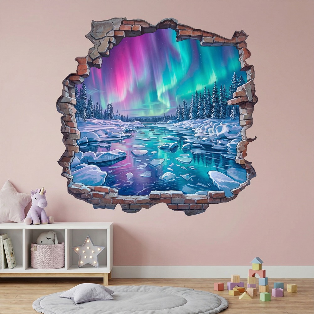 Vinilos Decorativos: Agujero de Muro Aurora Boreal en el R&iacute;o Helado
