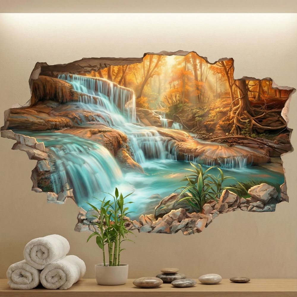Vinilos Decorativos: Agujero de Muro Cascada en Bosque Oto&ntilde;al