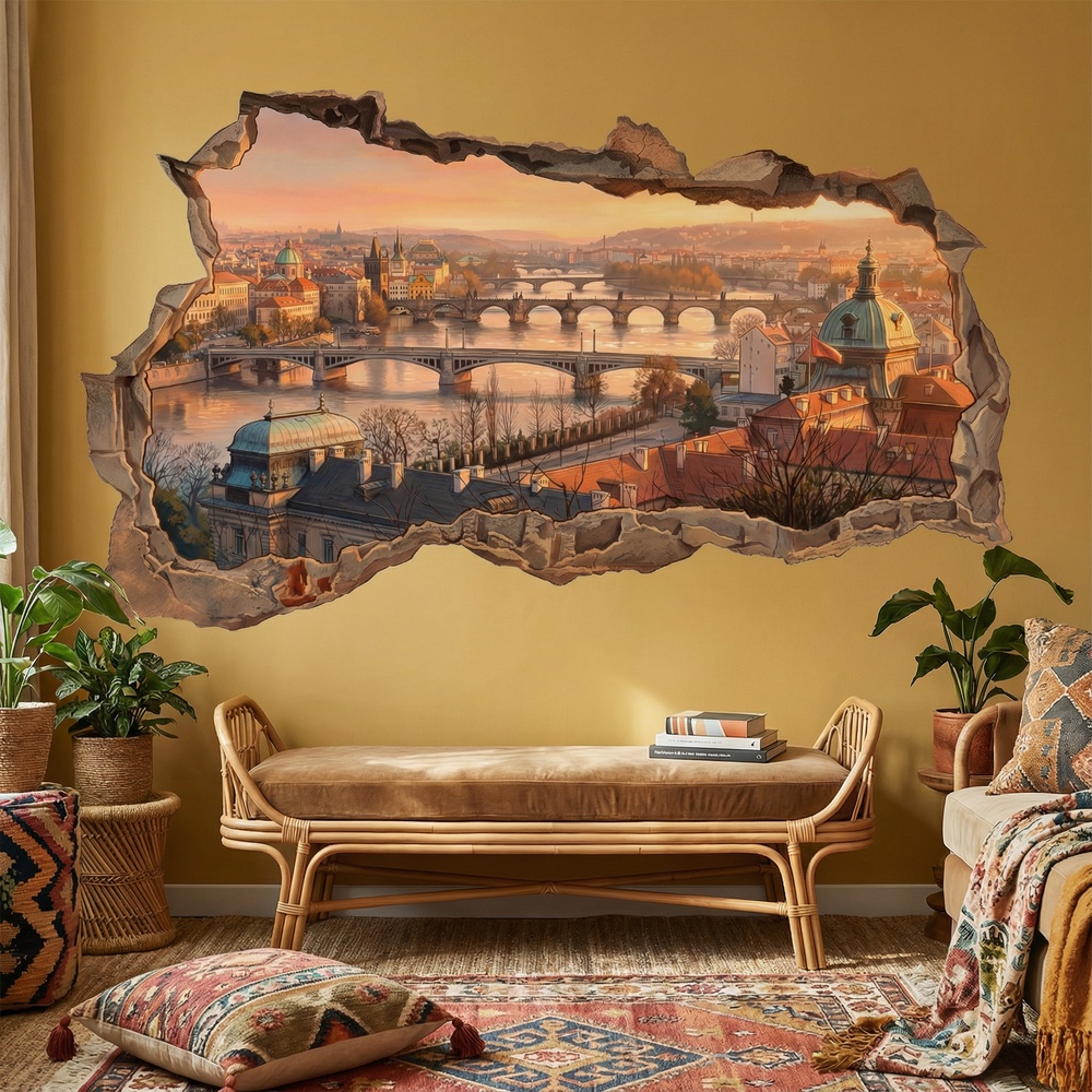 Vinilos Decorativos: Agujero de Muro Vista de Praga al Atardecer