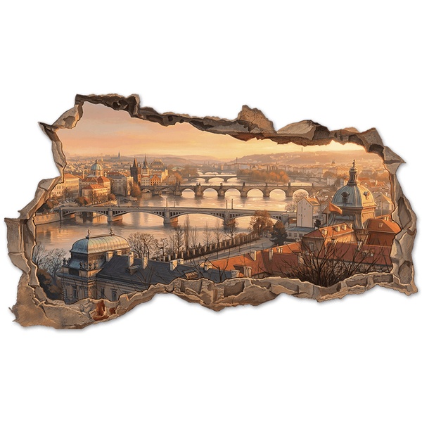 Vinilos Decorativos: Agujero de Muro Vista de Praga al Atardecer