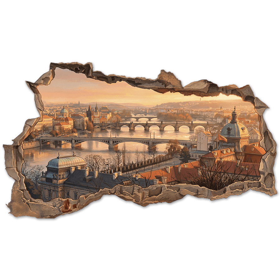 Vinilos Decorativos: Agujero de Muro Vista de Praga al Atardecer