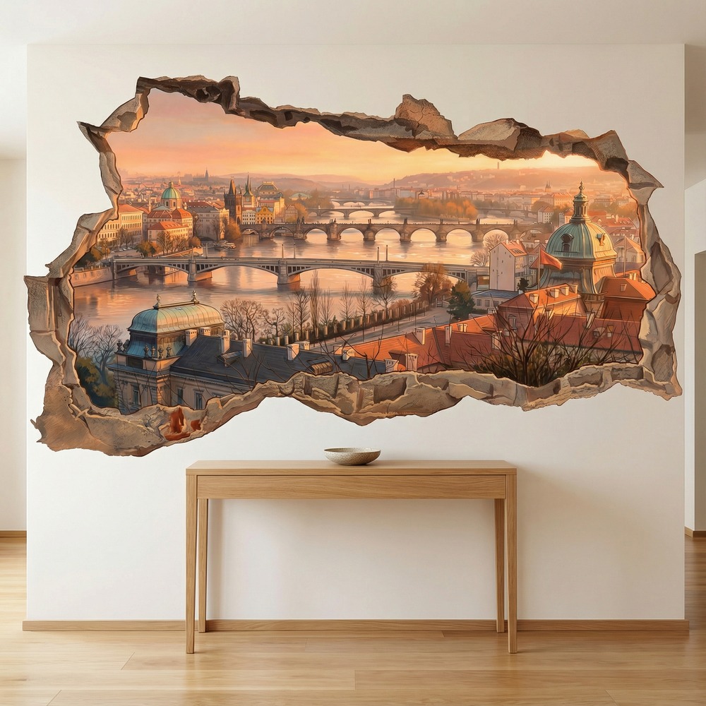 Vinilos Decorativos: Agujero de Muro Vista de Praga al Atardecer
