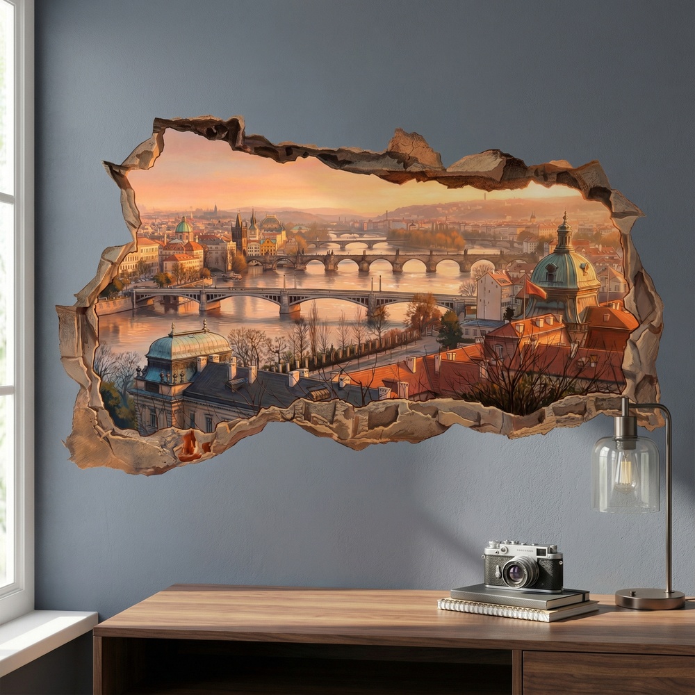 Vinilos Decorativos: Agujero de Muro Vista de Praga al Atardecer