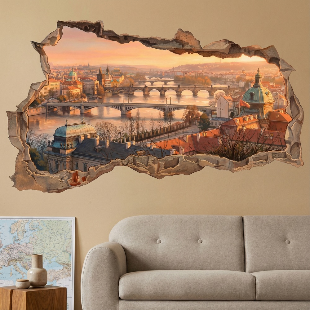 Vinilos Decorativos: Agujero de Muro Vista de Praga al Atardecer