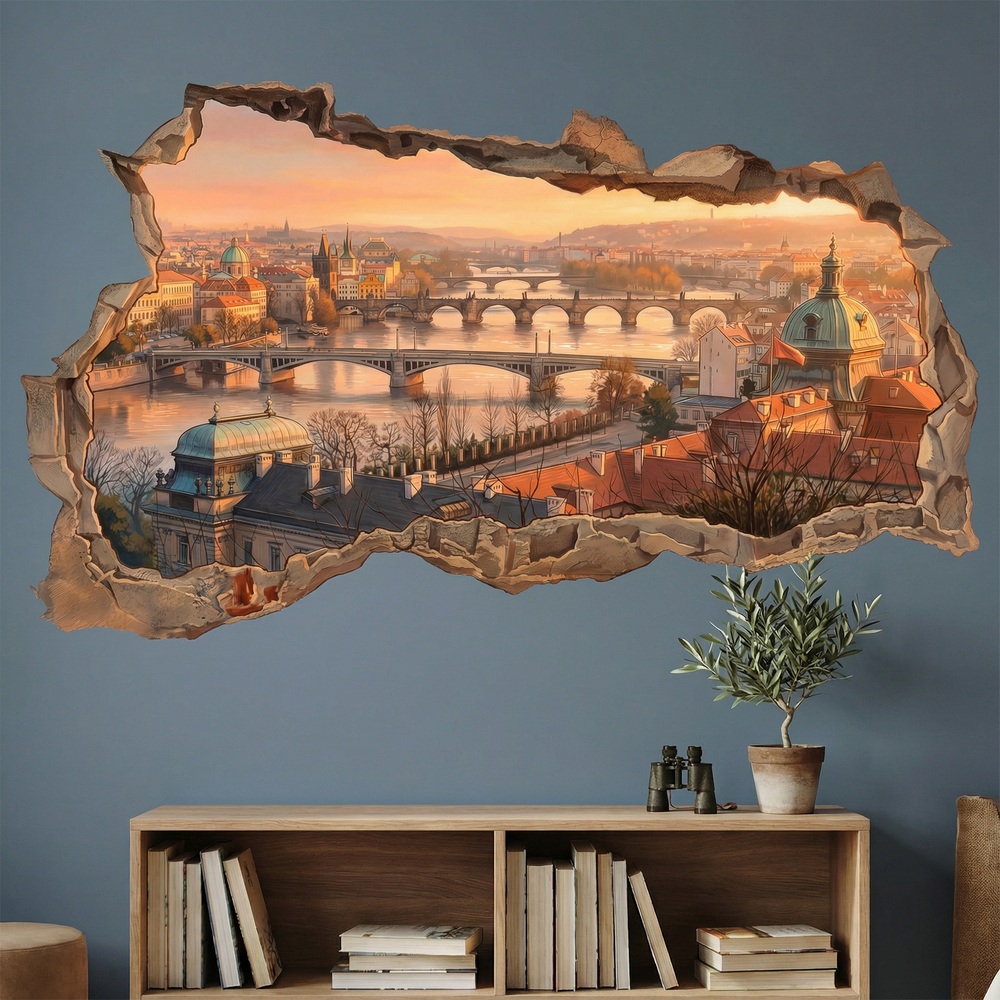 Vinilos Decorativos: Agujero de Muro Vista de Praga al Atardecer