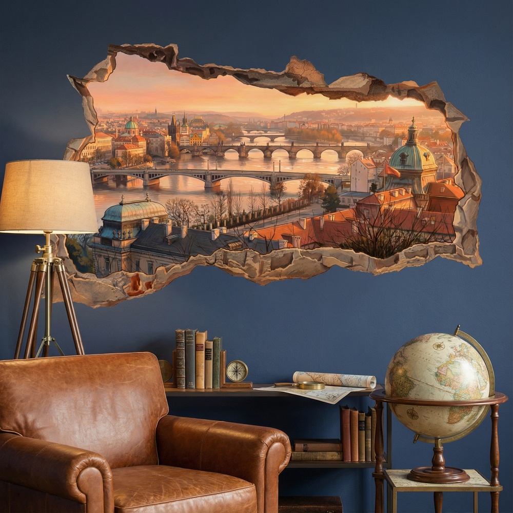 Vinilos Decorativos: Agujero de Muro Vista de Praga al Atardecer