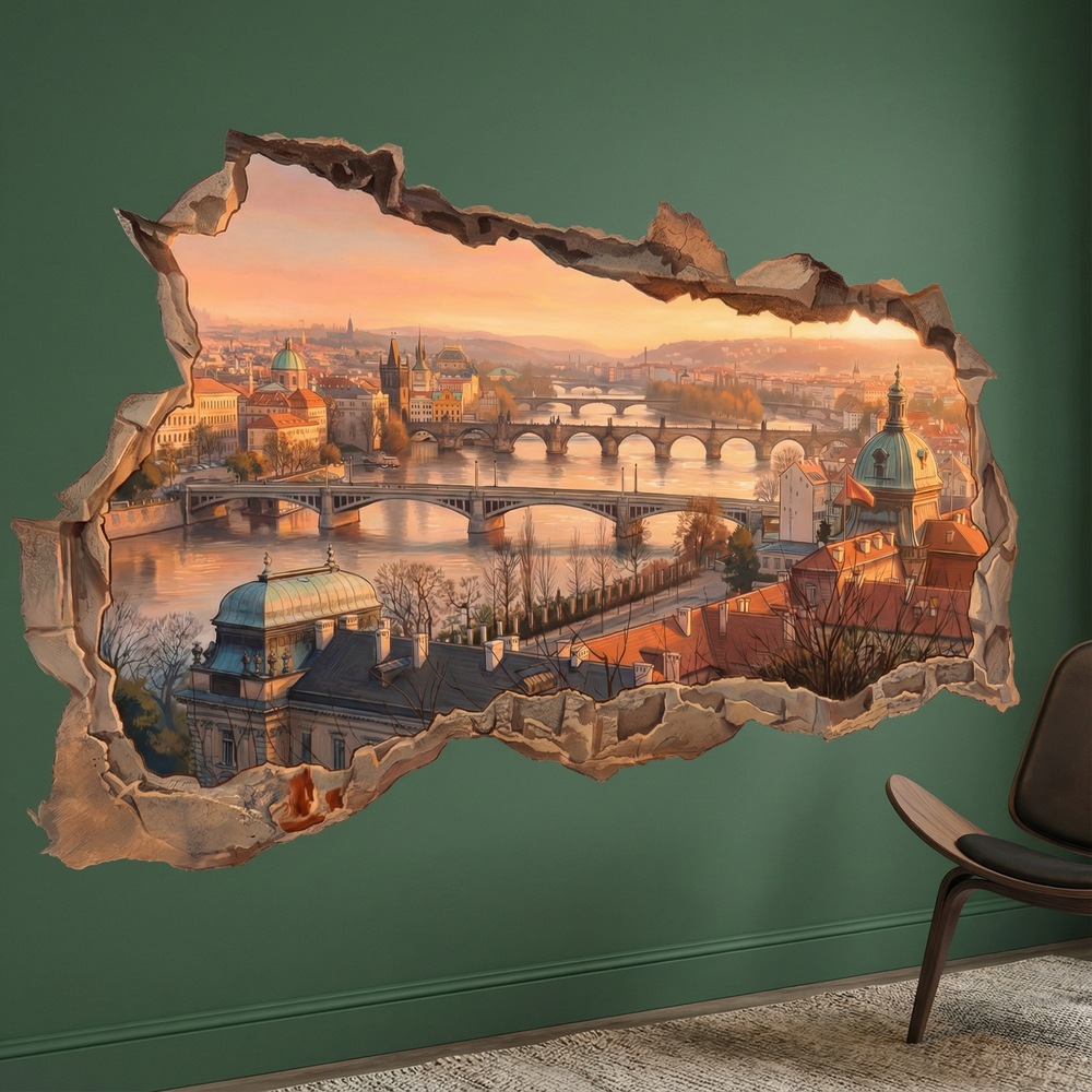 Vinilos Decorativos: Agujero de Muro Vista de Praga al Atardecer