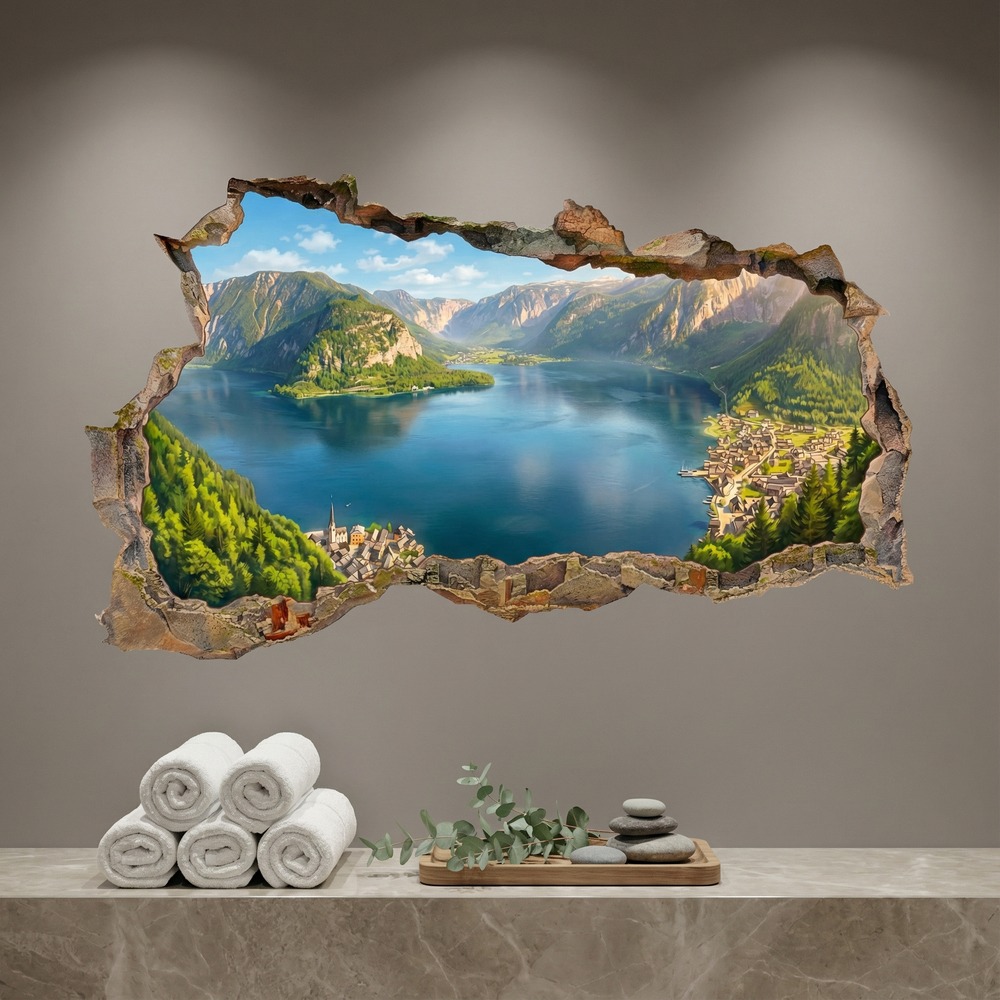 Vinilos Decorativos: Agujero de Muro Lago Alpino Panor&aacute;mico